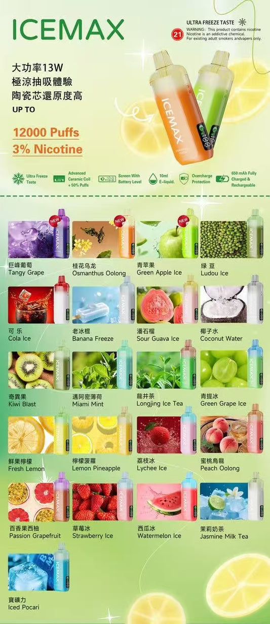 正品冰爆Icemax Ultra Freeze Taste 12000口超冰爽液晶显示屏一次性电子烟-多口味可选