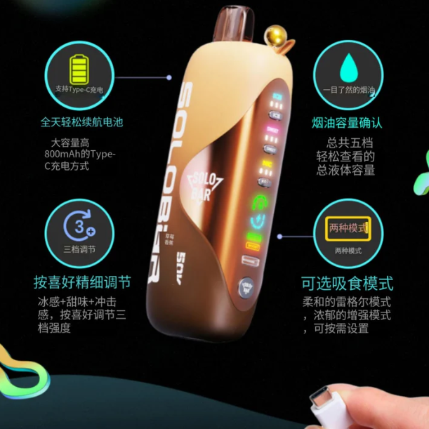 SOLOBAR 50000口索罗超大容量50K尼古丁/甜度/冰度可调节双输出模式一次性电子烟-多口味可选